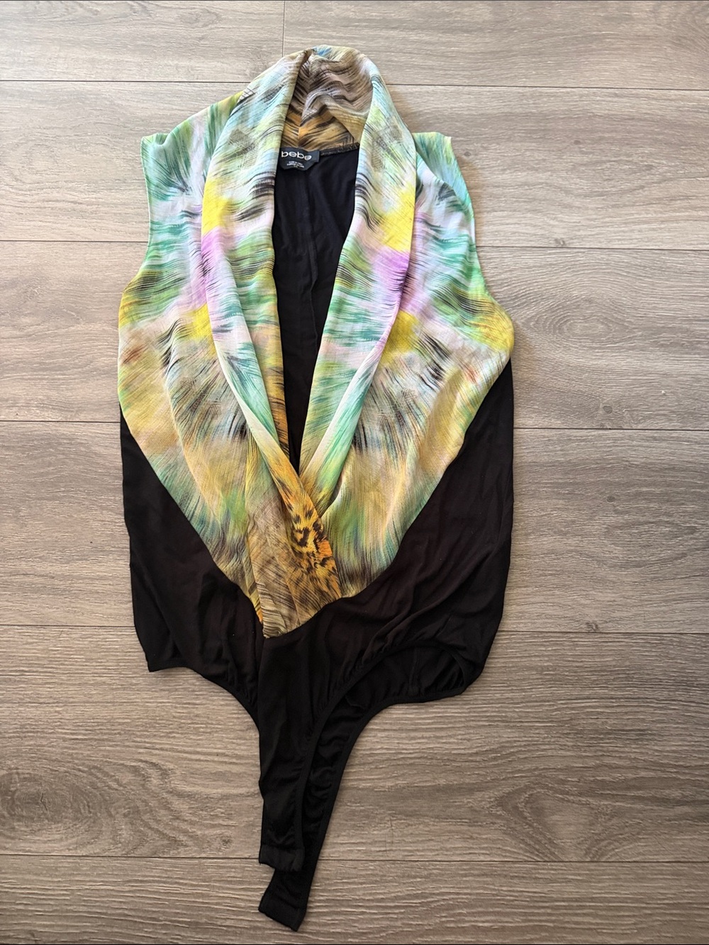 bebe Black Bodysuit with Multicolor Watercolor Draped Collar
